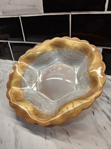 Sun Burst Large Resin Decorative Bowl.  Gold and White.