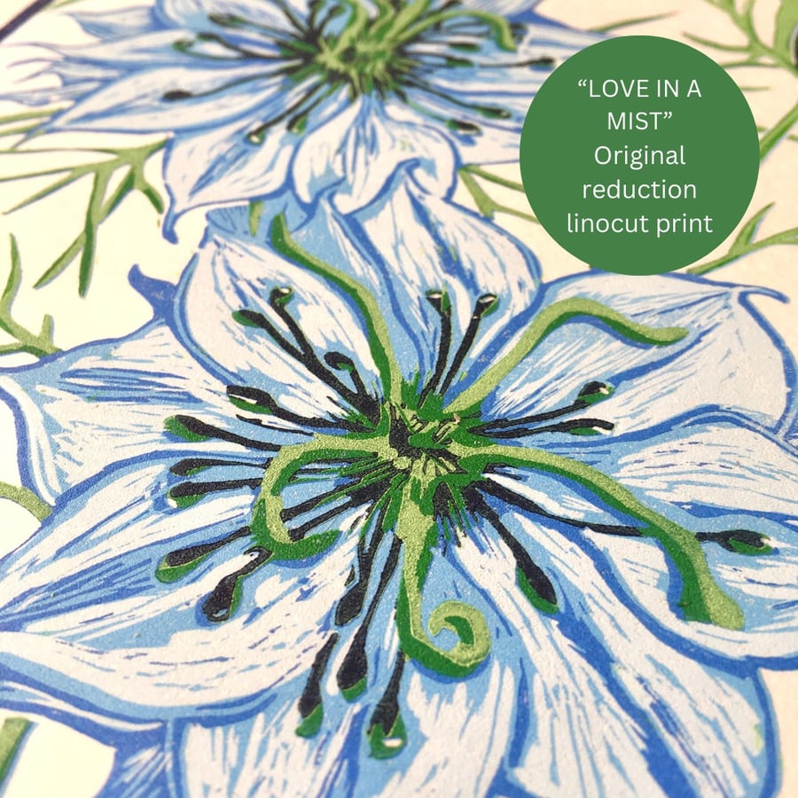 "Love in a Mist" Lino Print (Blue)