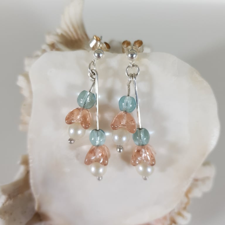 Pretty Flower Bead Dangle Earrings Sterling Silver Cultured Pearl Upcycled Beads