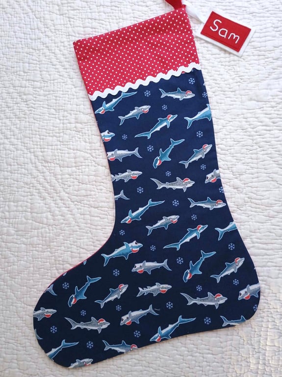 Christmas Stocking, Sharks with Santa hats large stocking for teenagers