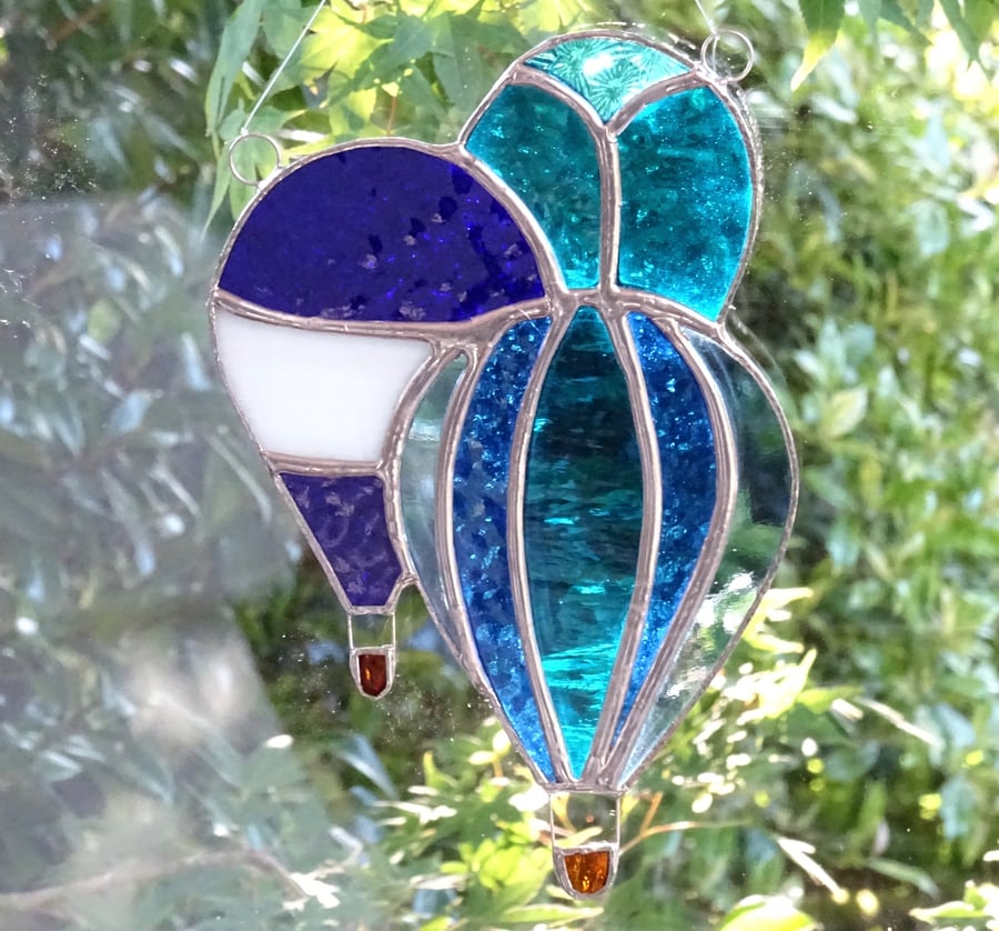 Stained Glass Hot Air Balloons Suncatcher - Blue and Turquoise
