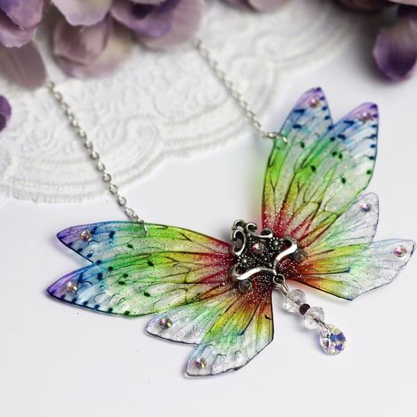Fairy Wing Necklace - Butterfly Pendant - Fancy Rainbow - Fairycore - Gift 