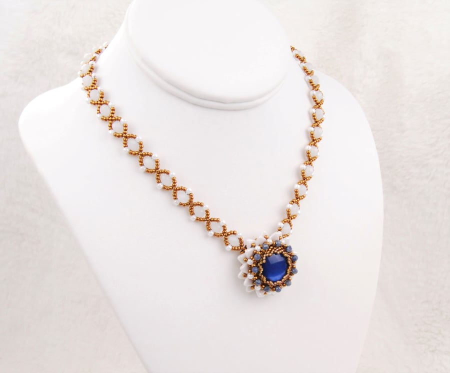 Beaded necklace with Sapphire gemstones, Floral statement necklace in blue white