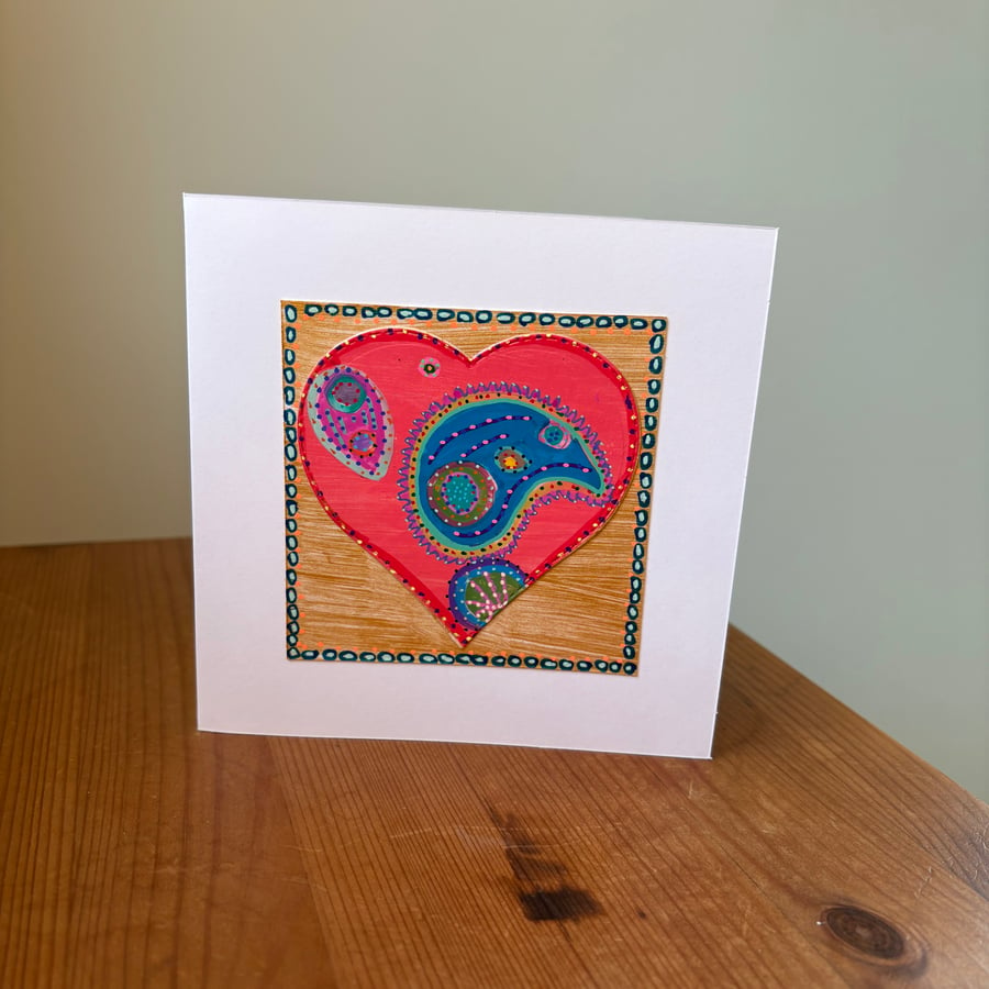 Hand painted collage card - ‘Paisley Heart No.5’