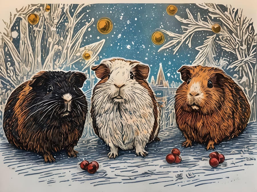 Digital Download of Guinea Pigs Lino Print Picture Seasonal 