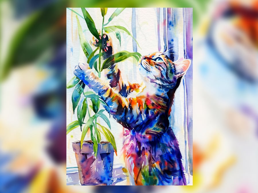 Playful Cat with Plant, Watercolor Painting Print 5"x7" on Matte Paper