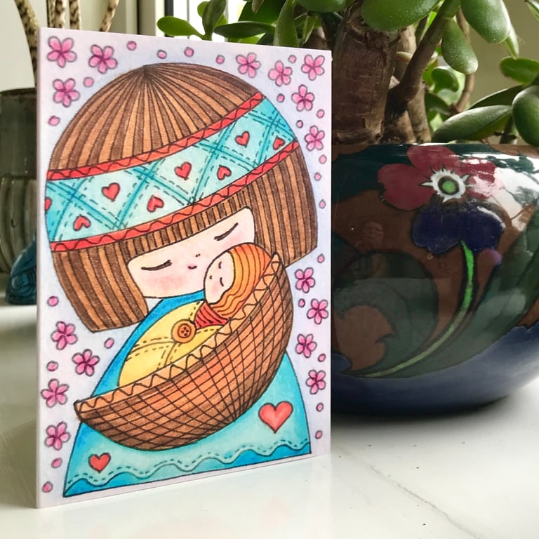 Cute Mother and Baby Art Print Greetings Card, New Baby Card