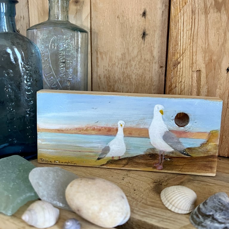 Original painting of seagulls on reclaimed wood