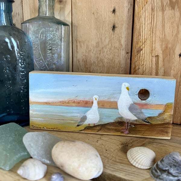 Original painting of seagulls on reclaimed wood