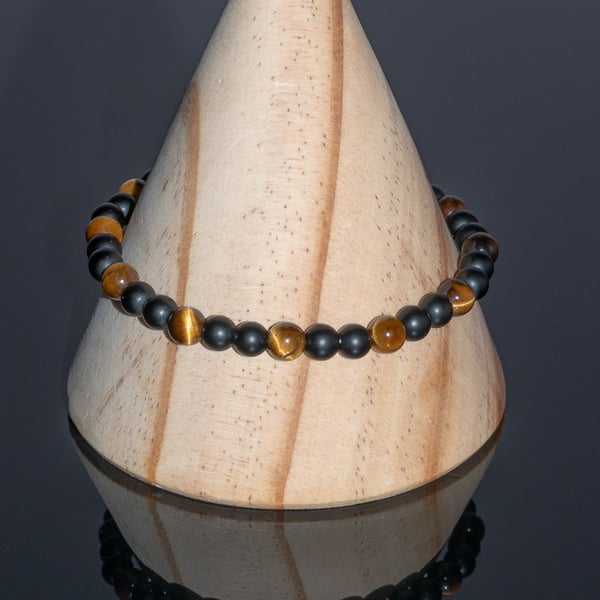 Bracelet Onyx and Tiger's Eye gemstone stretchy design 2 of 3 handmade