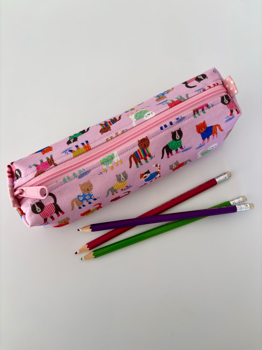 Cute cats pencil case - padded zipped fabric pouch for pens, crafts, makeup