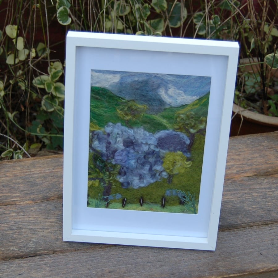 Needle felted and hand embroidered picture - Bluebells on the Hill