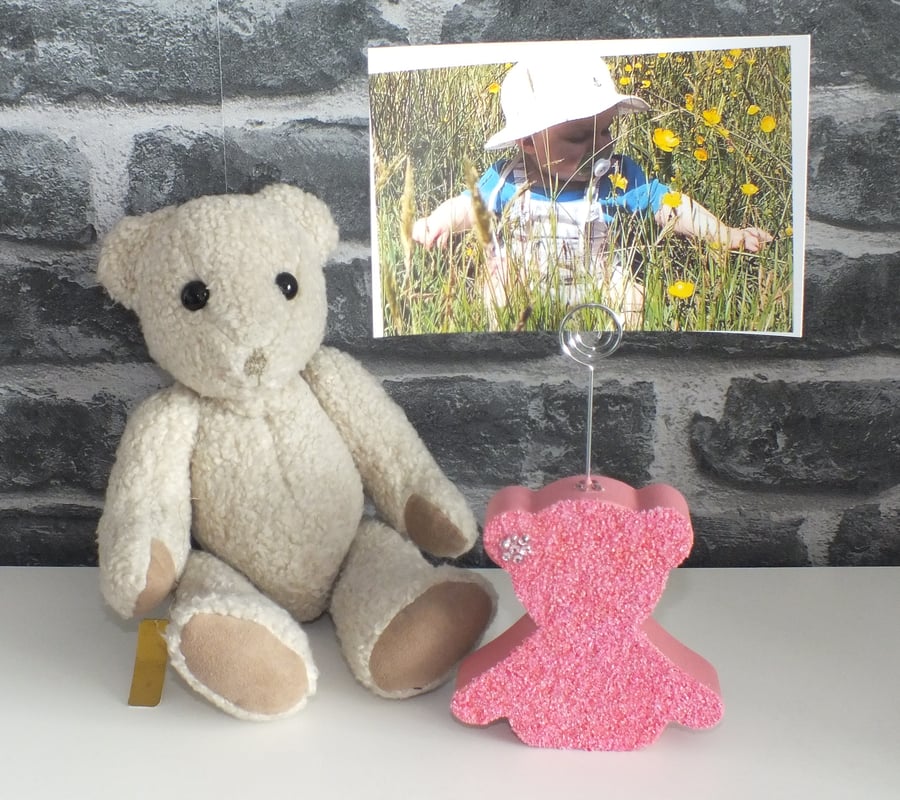 Photograph holder in shape of a teddy bear, pink photo holder, nursery ornament