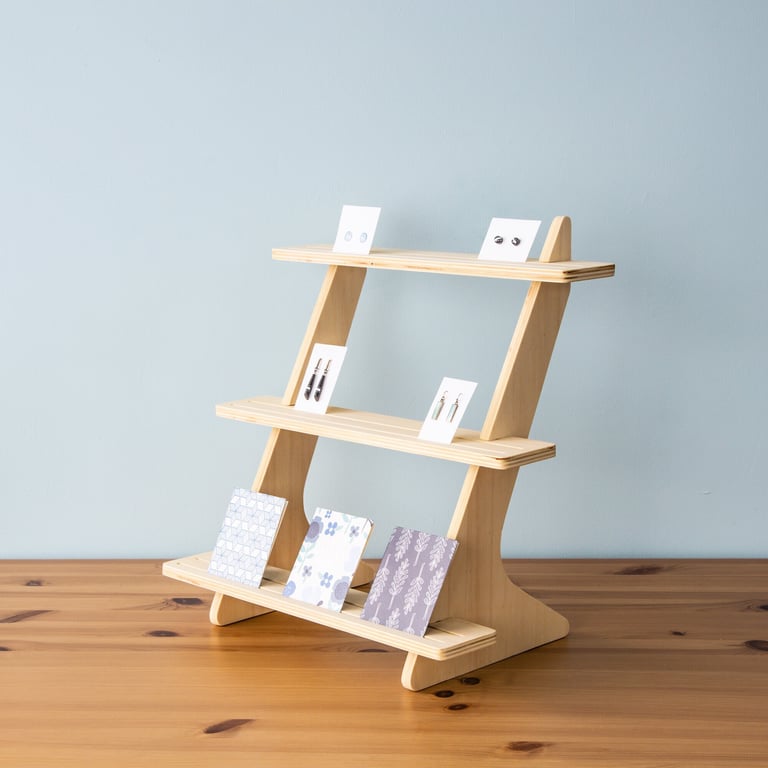 Space Saving 3 Tiered Display Stand with Reversible Grooved Shelving for Retail