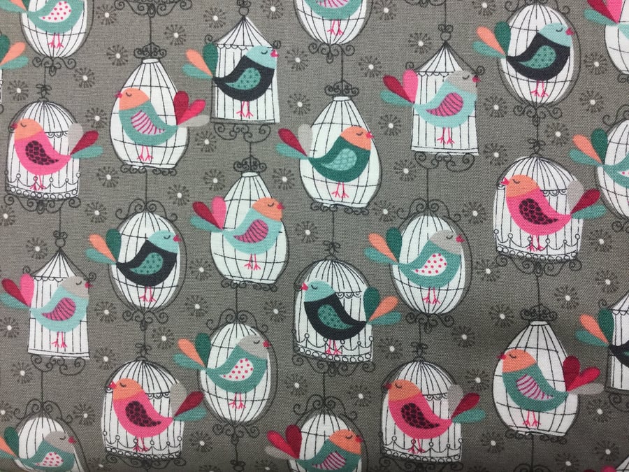 Fabric - Birds in Cages on Grey - 3.00 Free Postage