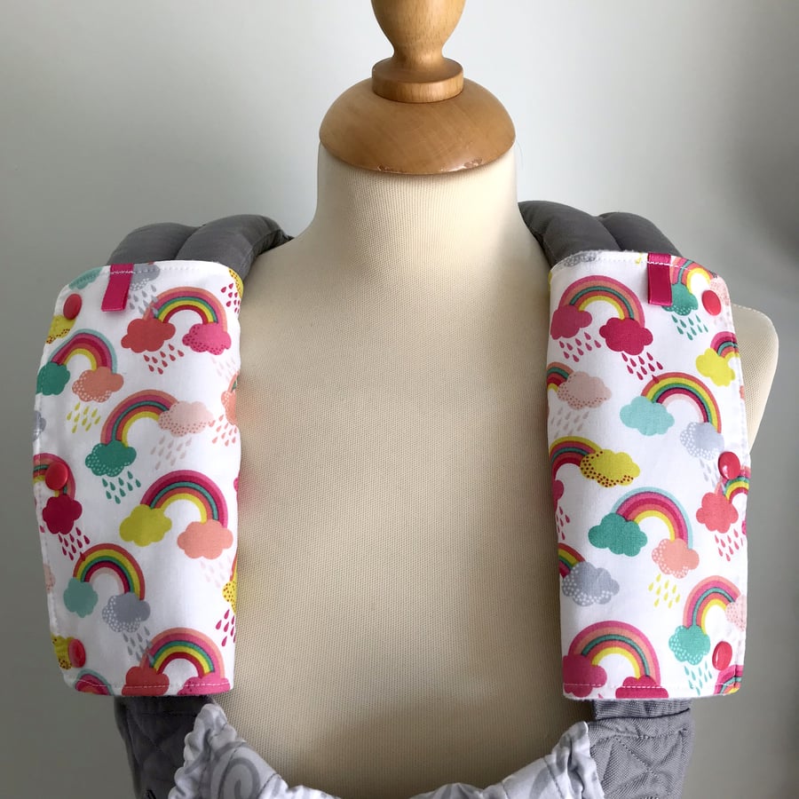 DROOL PADS Strap Covers 4 ERGO or CUSTOM Baby Carrier White Rainbows Fabric
