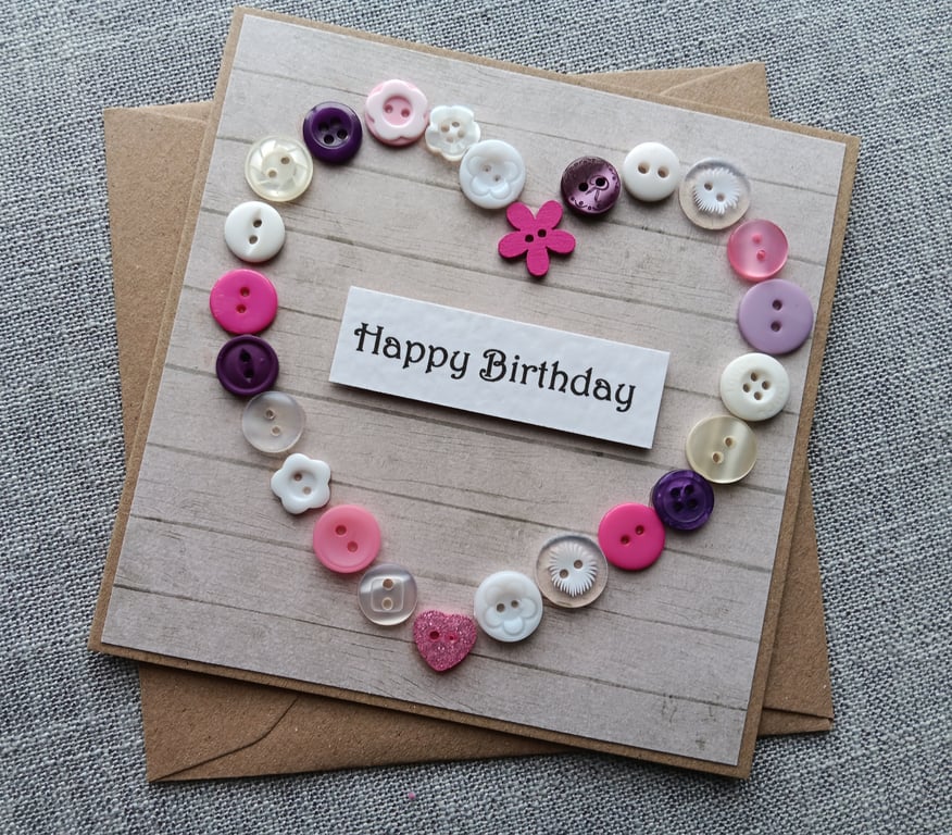 Pink and Purple Button Heart Birthday Card Size 5" x 5" (12.5cm x 12.5cm)