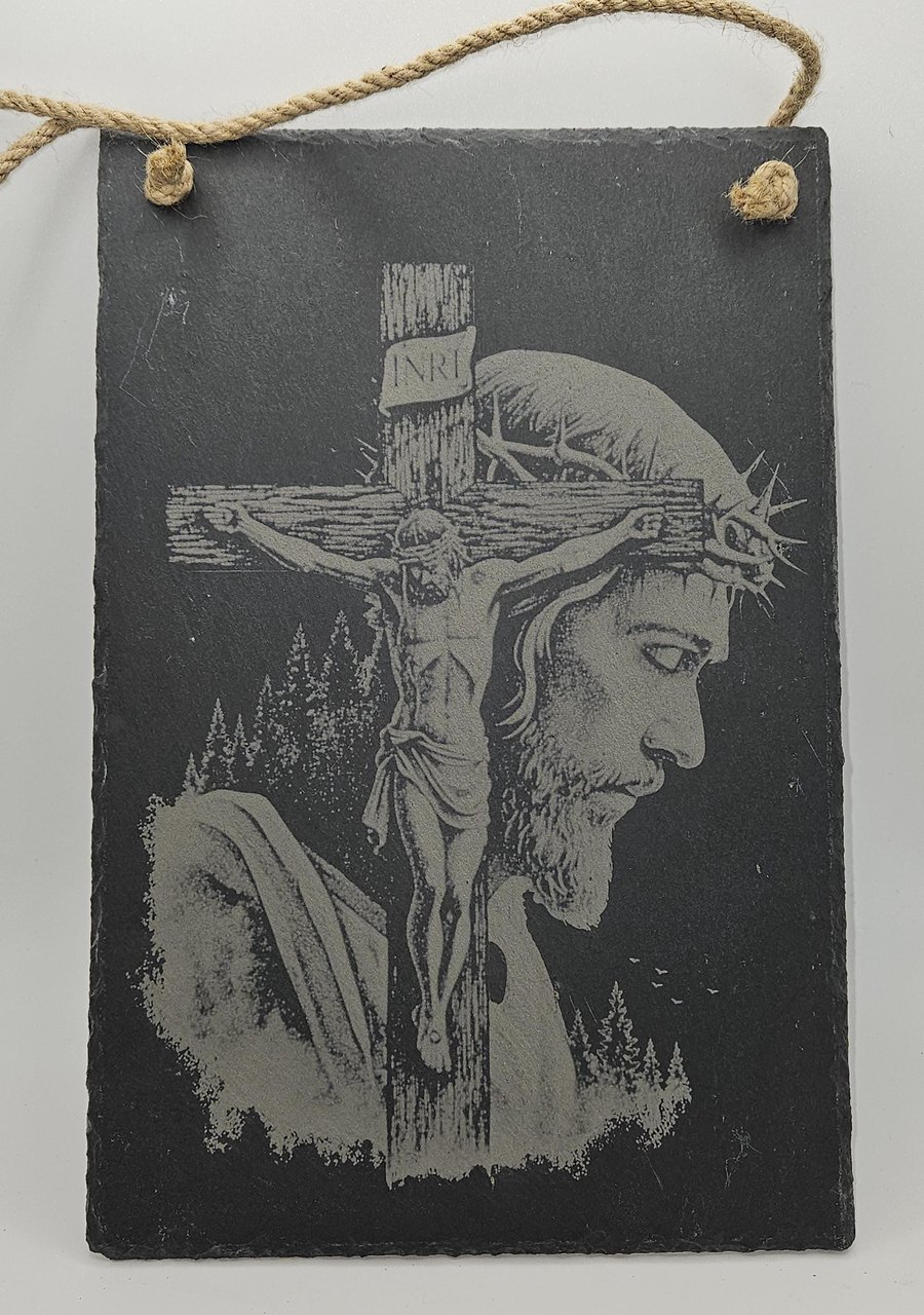 Image of Jesus Carrying the Cross Slate Plaque Christian Wall Art Religious Hanging Sign 