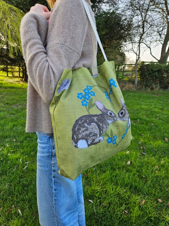  Rabbit printed cotton gusseted tote bag