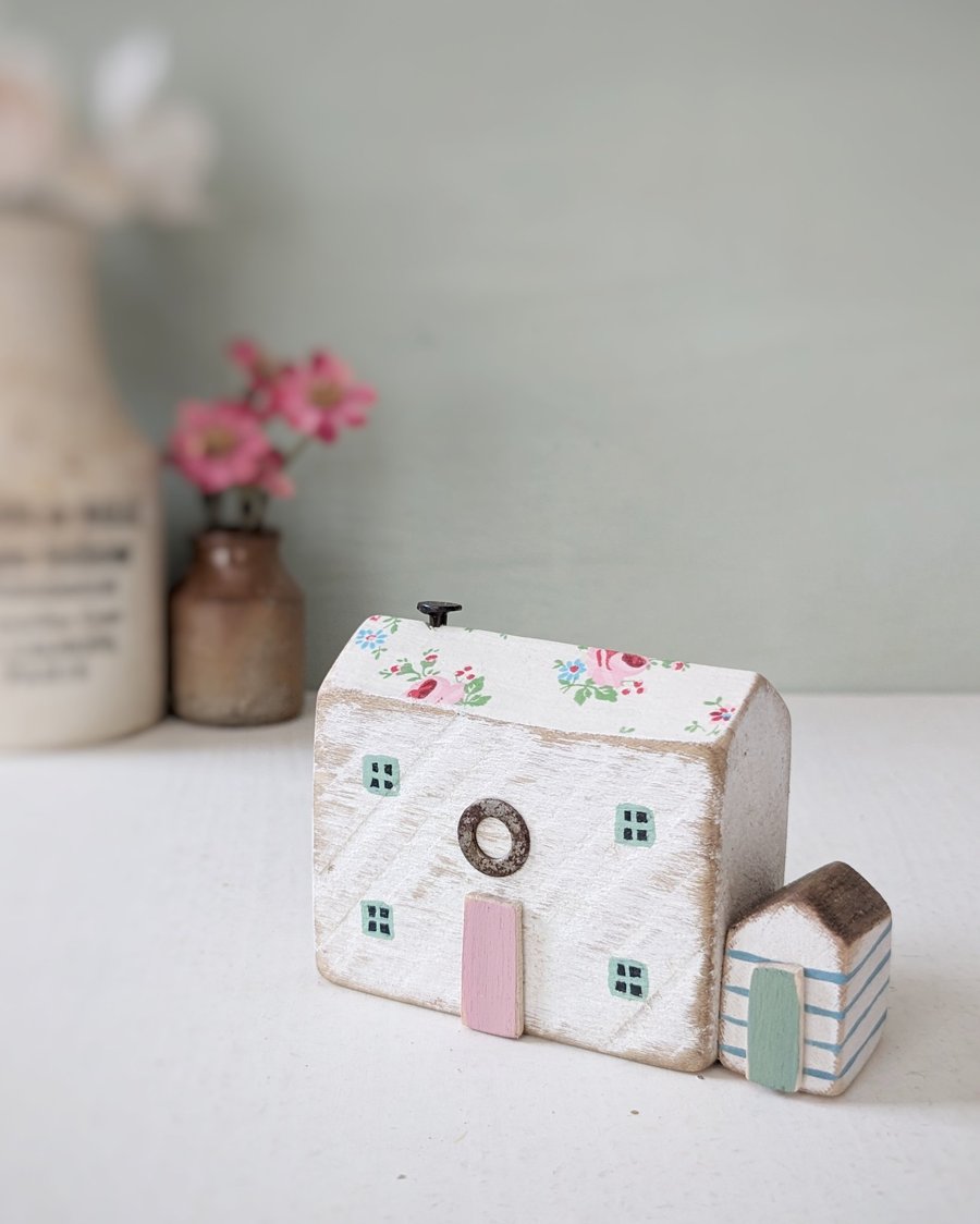 Image of Handmade Painted Wooden Seaside Cottage with Teeny Stripy Shed