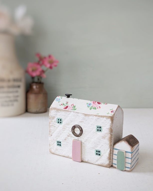 Handmade Painted Wooden Seaside Cottage with Teeny Stripy Shed