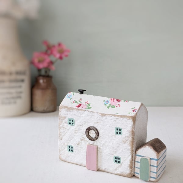 Handmade Painted Wooden Seaside Cottage with Teeny Stripy Shed