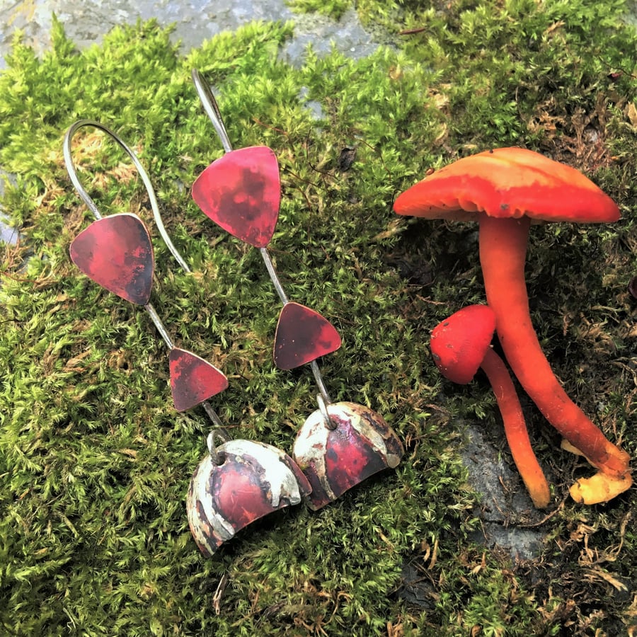Copper and Silver Fungi  Long Dangle Earrings