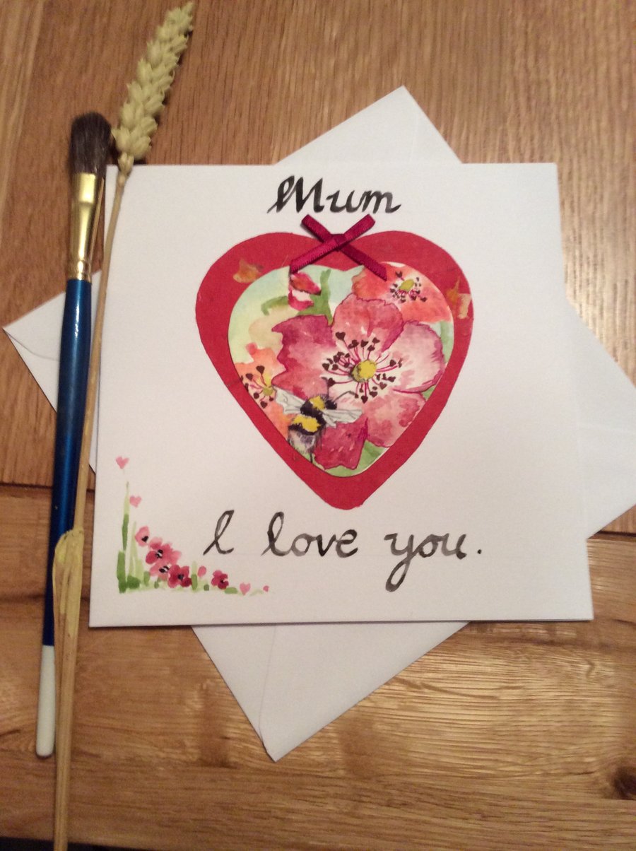 Original handpainted Mother's Day card of bee on pink rose in a heart.