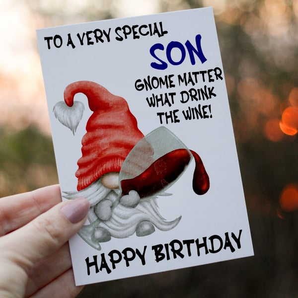 Special Son Drink The Wine Gnome Birthday Card, Gonk Birthday Card, Personalized