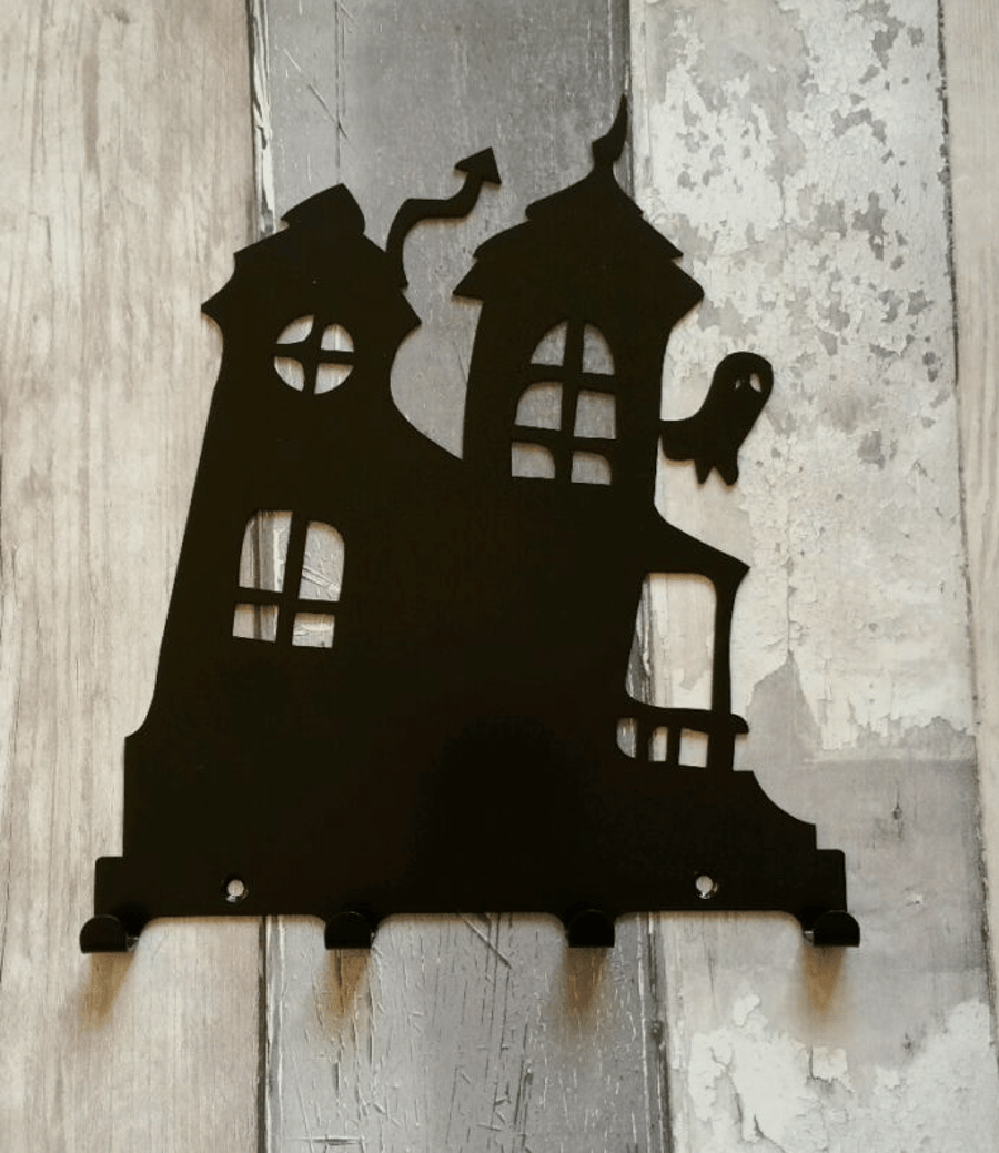 Crooked House with Ghost Silhouette Steel Key Hook Rack - metal wall art