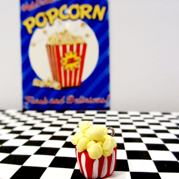 Retro cinema Popcorn box Keyring OR Necklace quirky, fun, unique, handmade,novel