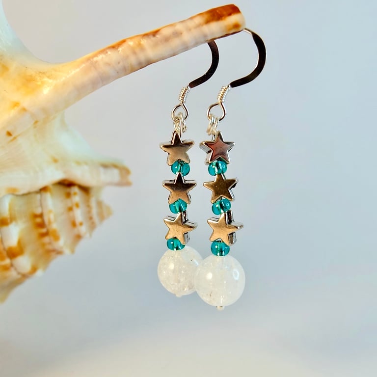 Crackle Quartz Earrings With Silver Stars - Birthday, Anniversary, Gifts For Her