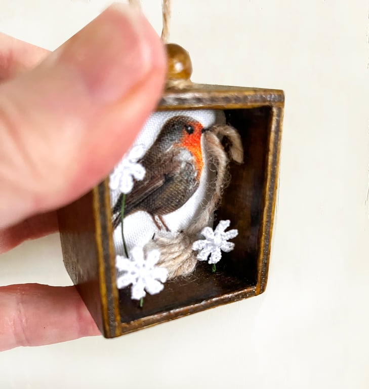 Miniature Robin textile art in wooden drawer box, 3D fabric wall hanging
