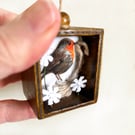 Miniature Robin textile art in wooden drawer box, 3D fabric wall hanging