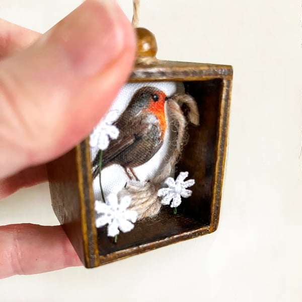 Miniature Robin textile art in wooden drawer box, 3D fabric wall hanging
