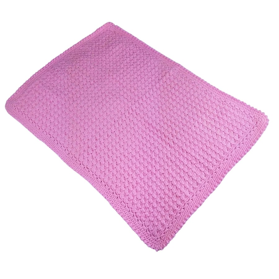 Hand-Crocheted Pink Baby Blanket, Perfect for Nursery Bedding, Pram, Cot