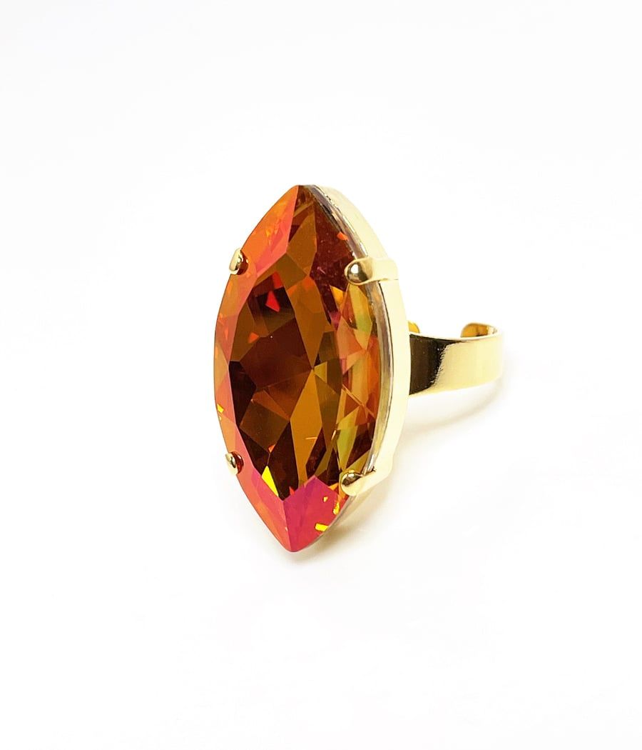 Large Orange Pink Crystal Gold Ring, Astral Pink Statement Ring