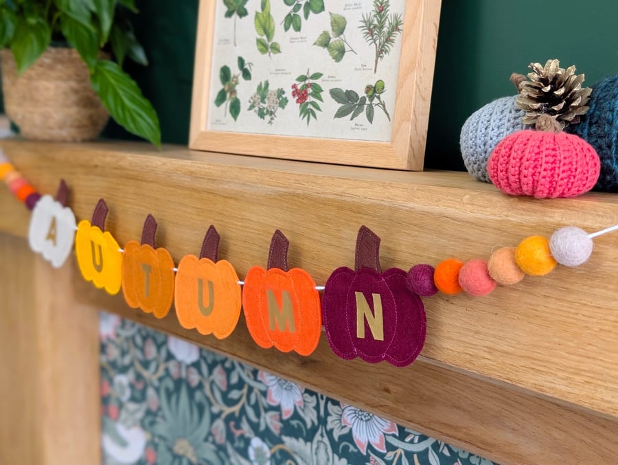 Felt Autumn Pumpkin Garland with Wool Felt Balls - Autumn Colours Gourd Bunting 