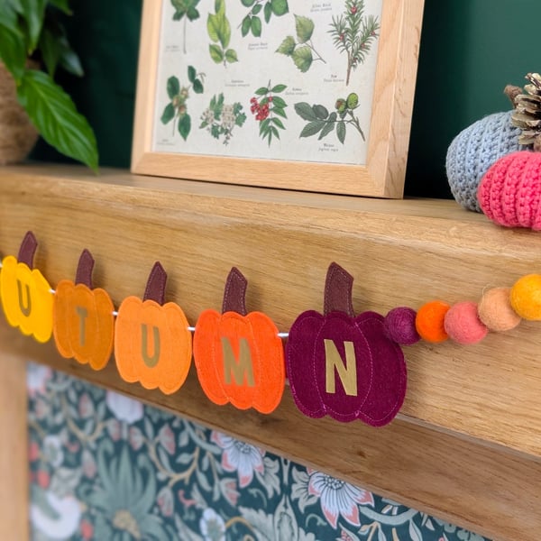 Felt Autumn Pumpkin Garland with Wool Felt Balls - Autumn Colours Gourd Bunting 