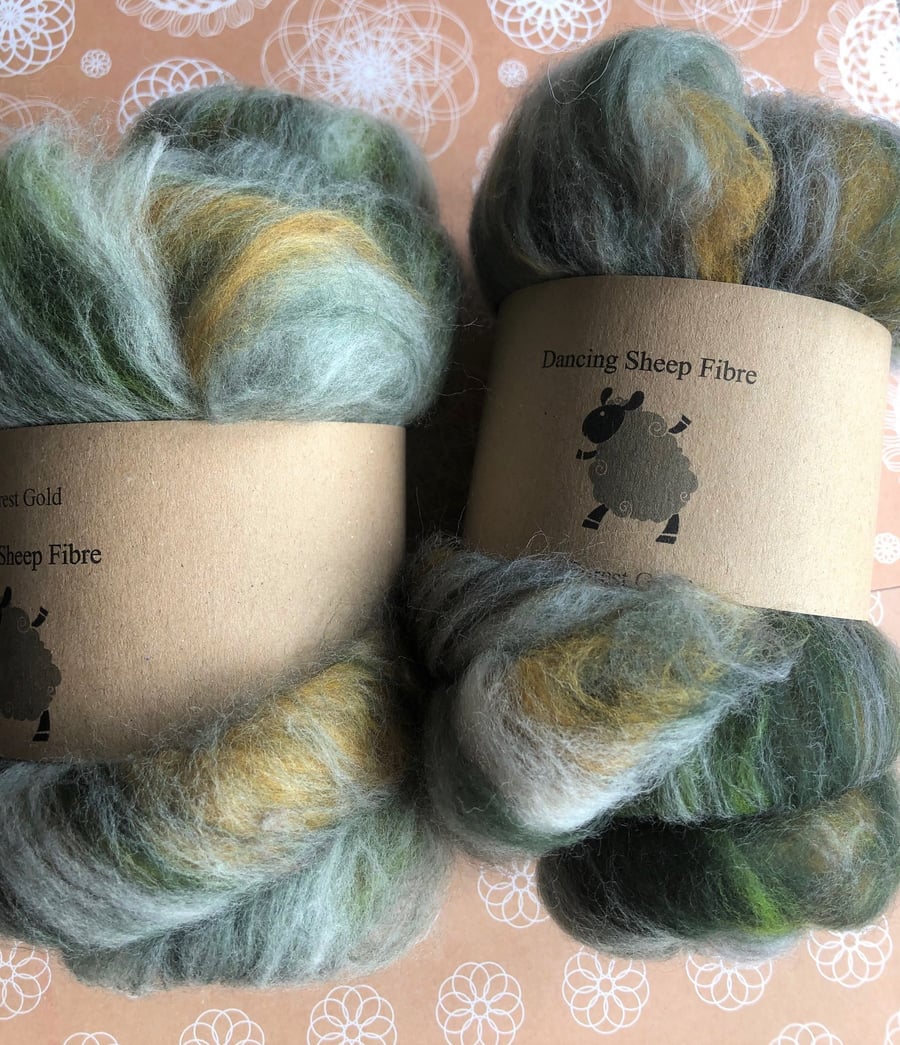 All natural hand blended batt for spinning or felting 'Forest Gold'