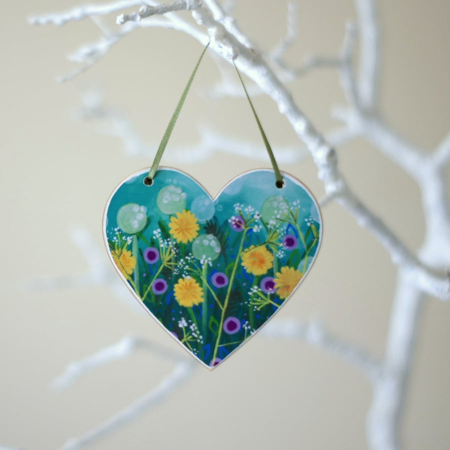 Green Hanging Heart with Dandelions and Purple Flowers