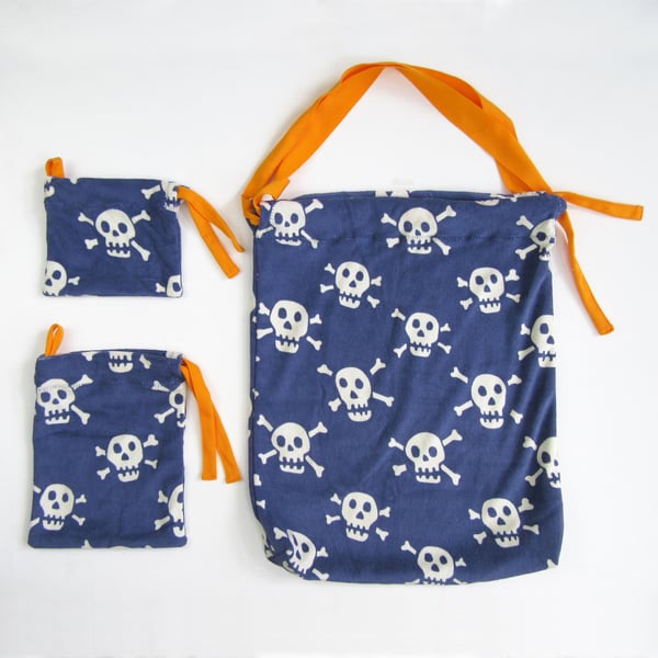 One-of-a-kind Beach Holiday Bag Set in Soft Towelling Skull and Bones Print