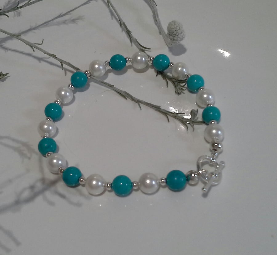 Reconstituted Turquoise & Shell Pearl Silver Plate Bracelet