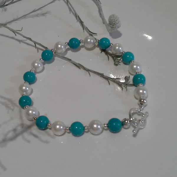Reconstituted Turquoise & Shell Pearl Silver Plate Bracelet