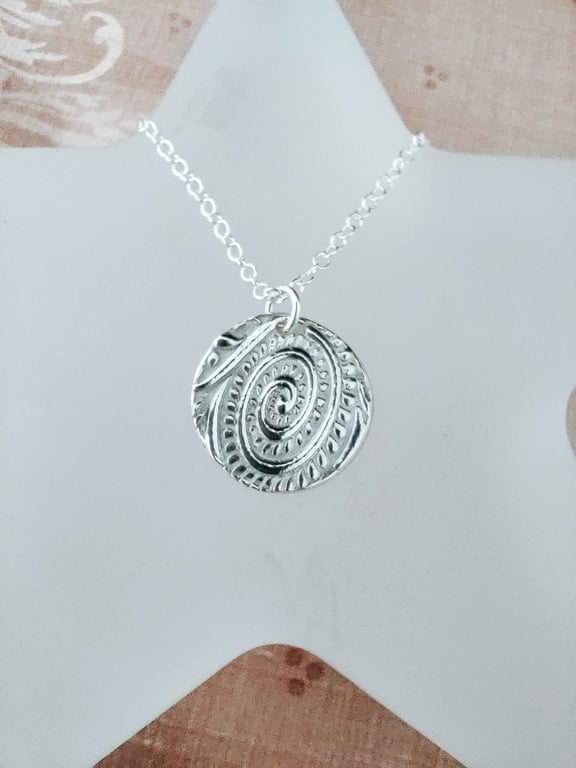 Handmade Fine Silver Pendant Necklace- Fiddlehead Design