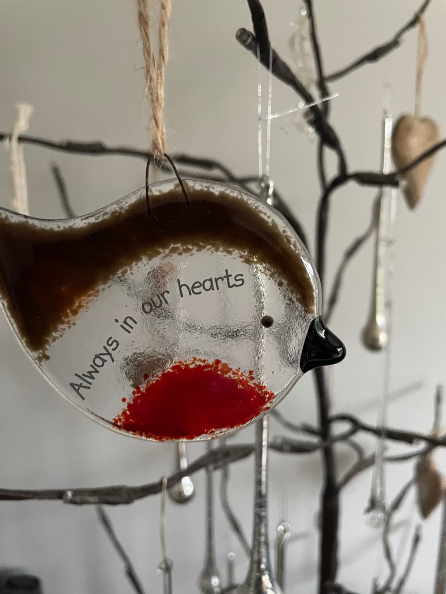Handmade Fused Glass Always in our Hearts Robin Christmas Decoration