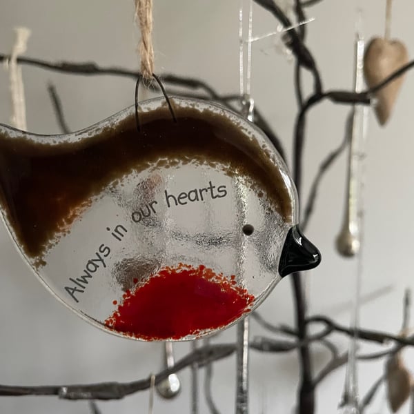 Handmade Fused Glass Always in our Hearts Robin Christmas Decoration