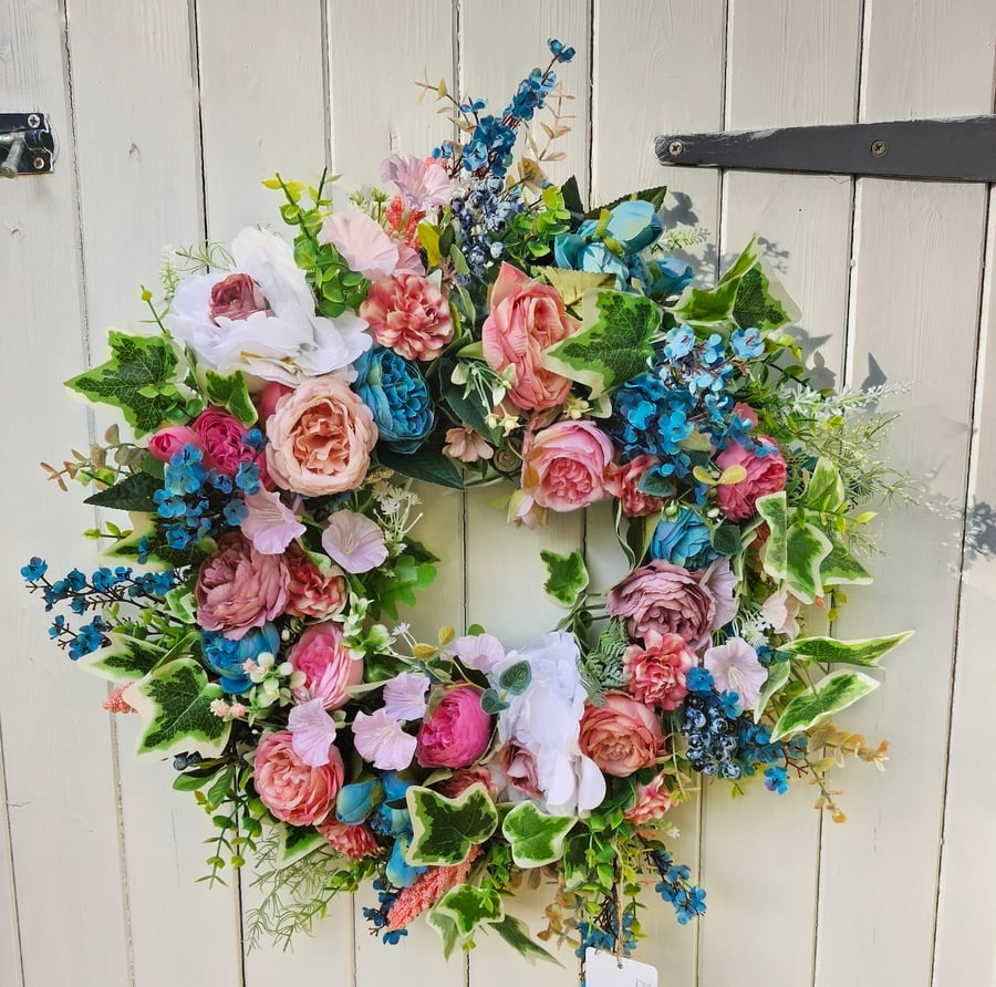 Classical Romance Blue & Pink peonies & Rose wreath 