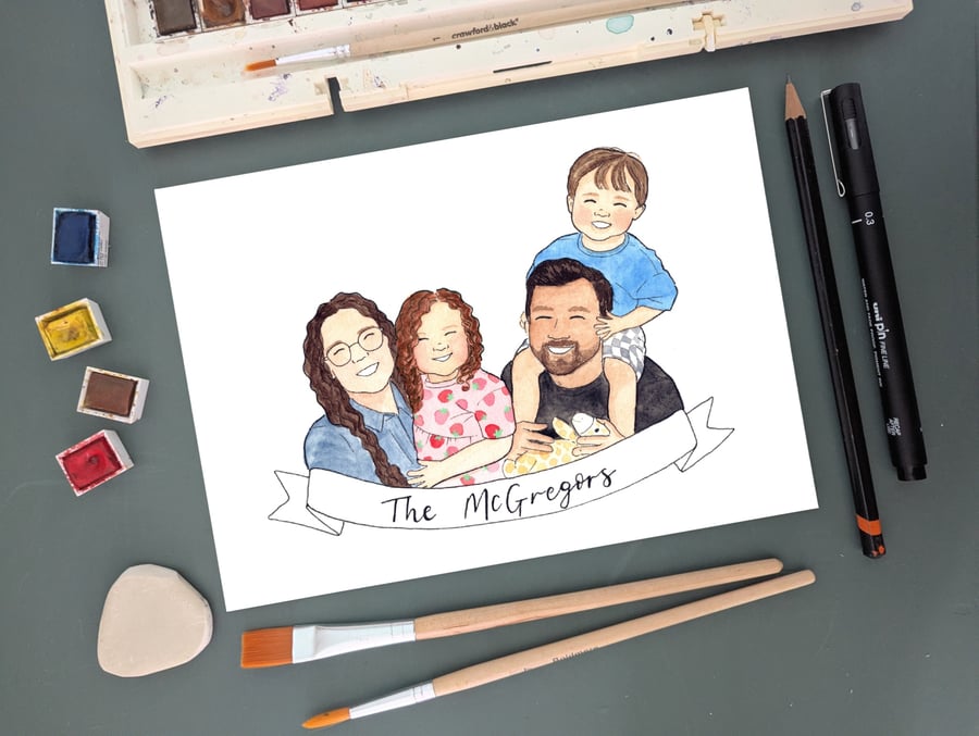 A5 Custom Watercolour Family Portrait with Banner