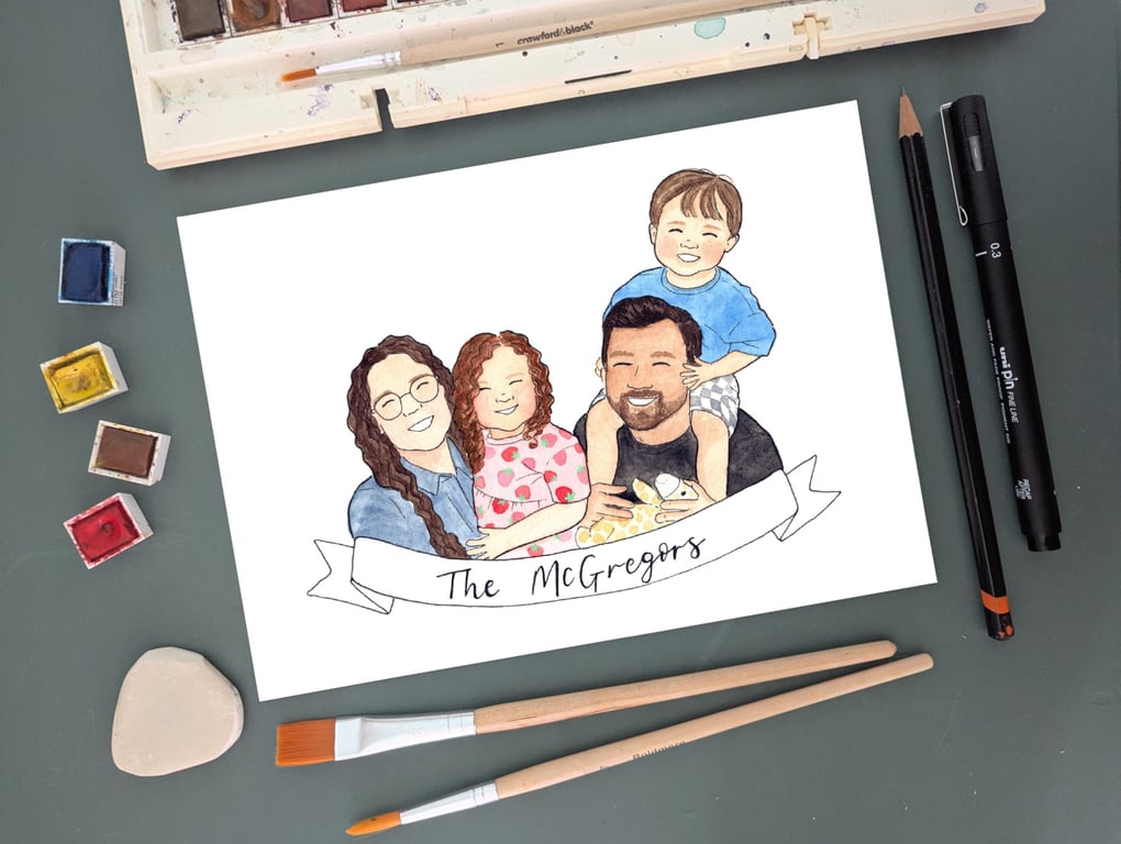 A5 Custom Watercolour Family Portrait with Banner